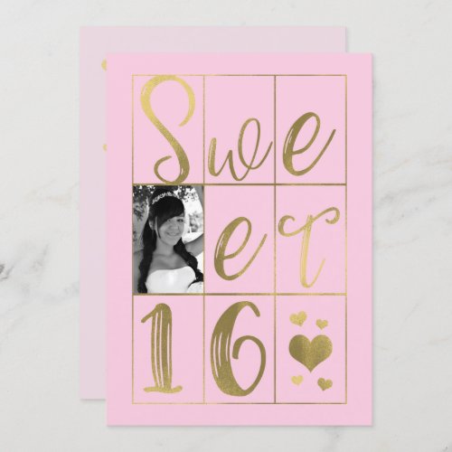 SWEET 16 SIXTEEN Gold  Blush Pink Hearts Photo Invitation