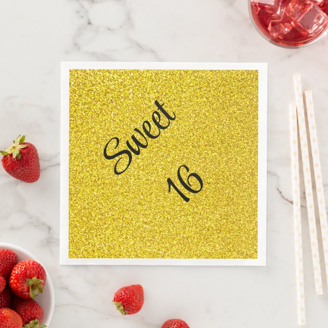 Sweet 16 Sixteen Gold Glitter Birthday Party Paper Dinner Napkins (Insitu)