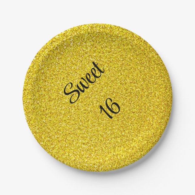 Sweet 16 Sixteen Gold Glitter Birthday Party Paper Plates (Front)