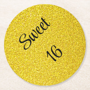 Sweet 16 Sixteen Gold Glitter Birthday Party Round Paper Coaster