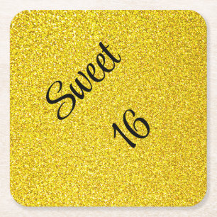 Sweet 16 Sixteen Gold Glitter Birthday Party Square Paper Coaster