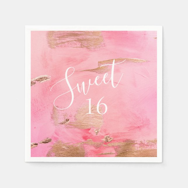 Sweet 16 Sixteen Gold Pink Abstract Watercolor Napkins (Front)