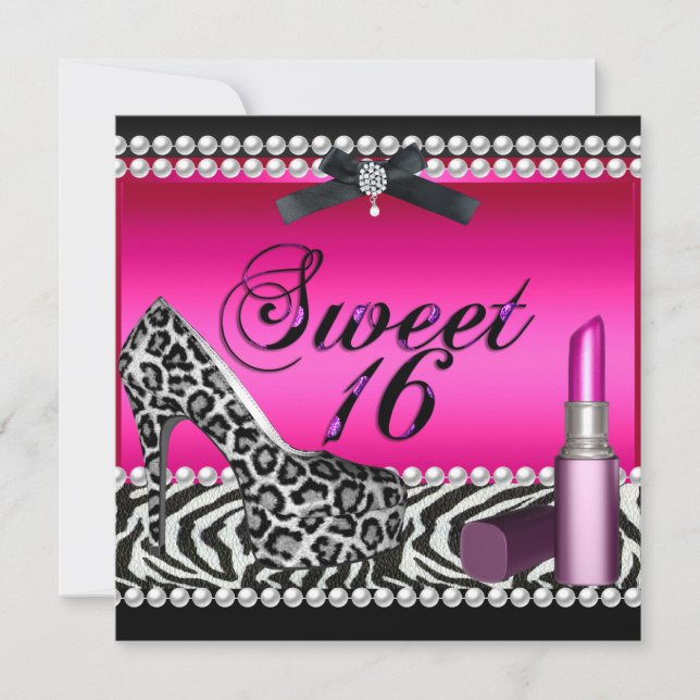 Sweet 16 Sixteen Hot Pink Lipstick Zebra Leopard Invitation (Front)
