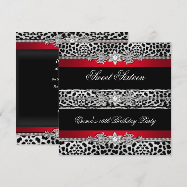 Sweet 16 Sixteen Leopard Red Black Diamond Invitation (Front/Back)