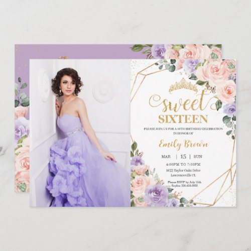 Sweet 16 Sixteen Lilac Blush Floral Birthday Photo Invitation
