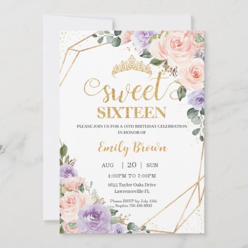 Sweet 16 Sixteen Lilac Blush Floral Gold Birthday Invitation
