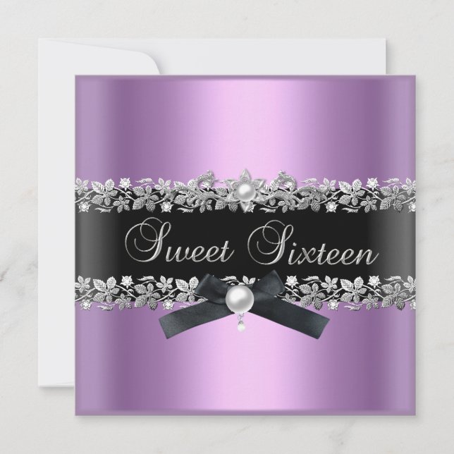 Sweet 16 Sixteen Lilac Pink Black Silver Floral Invitation (Front)