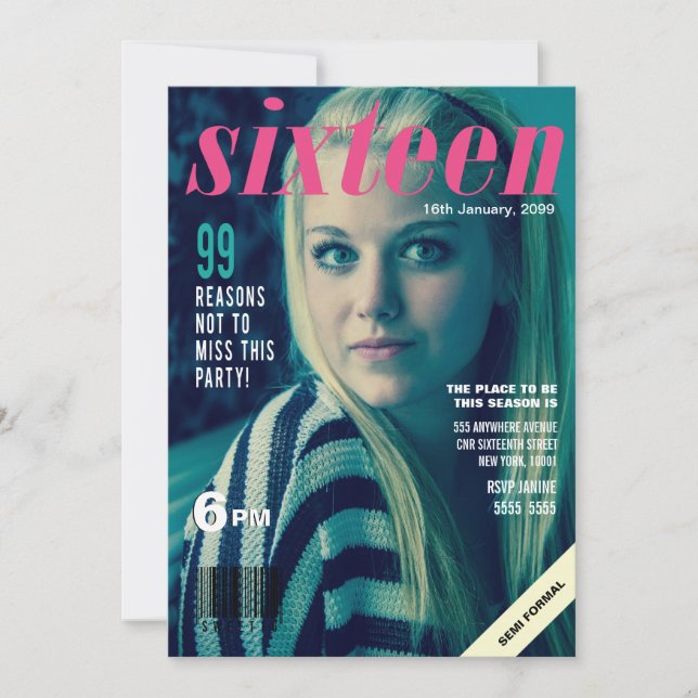 Sweet 16 Sixteen Magazine Cover Photo Invite (Front)