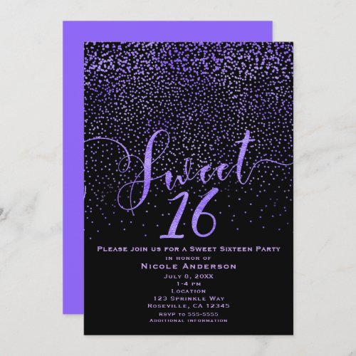 SWEET 16 Sixteen Modern Confetti Purple  Black Invitation