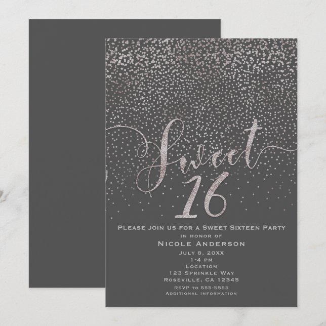 SWEET 16 Sixteen Modern Silver Grey Confetti Invitation (Front/Back)
