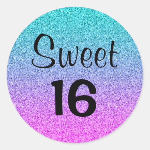 Sweet 16 Sixteen Ombre Pink Blue Purple Glitter Classic Round Sticker