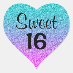 Sweet 16 Sixteen Ombre Pink Blue Purple Glitter Heart Sticker