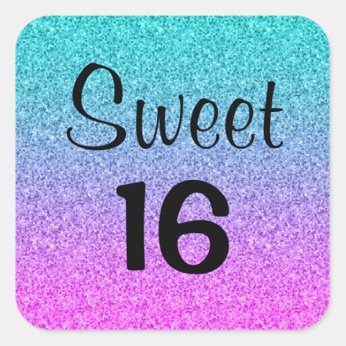 Sweet 16 Sixteen Ombre Pink Blue Purple Glitter Square Sticker