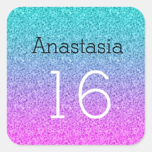 Sweet 16 Sixteen Ombre Pink Blue Purple Glitter Square Sticker