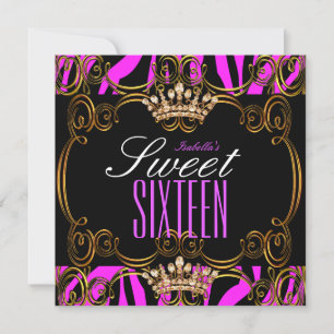 Sweet 16 Sixteen Party Hot Pink Bronze Tiara Zebra Invitation