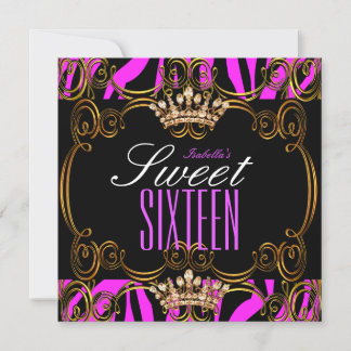 Sweet 16 Sixteen Party Hot Pink Bronze Tiara Zebra Invitation