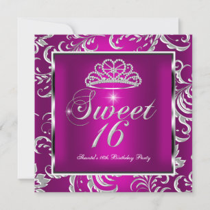Sweet 16 Sixteen Party Pink Plum Damask Silver Invitation
