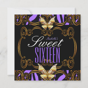 Sweet 16 Sixteen Party Purple Gold Black Zebra Invitation