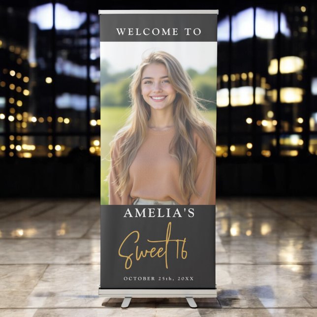Sweet 16 Sixteen Personalized Black Gold Birthday Retractable Banner (Creator Uploaded)