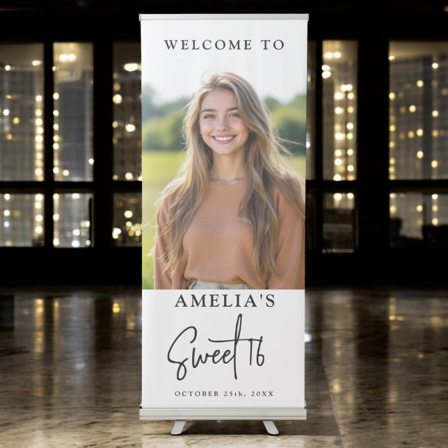 Sweet 16 Sixteen Personalized Black White Birthday Retractable Banner (Creator Uploaded)