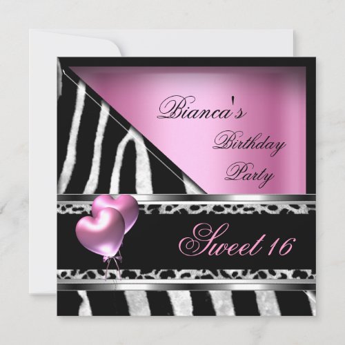Sweet 16 Sixteen Pink Balloons Zebra Leopard Invitations