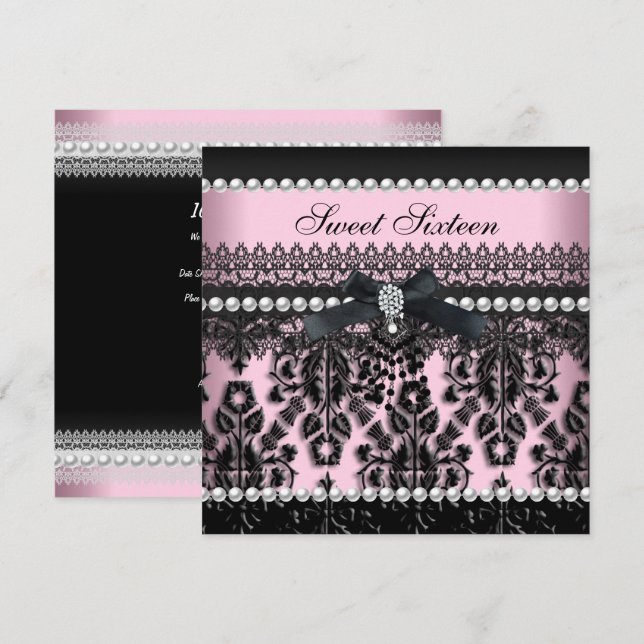 Sweet 16 Sixteen Pink Black Pearl Lace Damask Invitation (Front/Back)