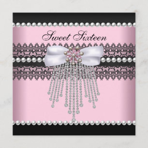 Sweet 16 Sixteen Pink Black Pearl Lace Diamond Invitation