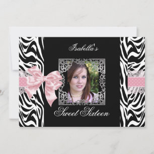 Sweet 16 Sixteen Pink Black White Zebra Invitation
