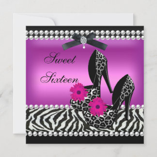 Sweet 16 Sixteen Pink Black Zebra Leopard Invitation