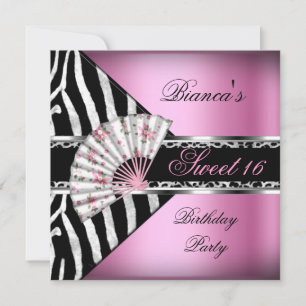 Sweet 16 Sixteen Pink Fan Black Zebra Leopard Invitation