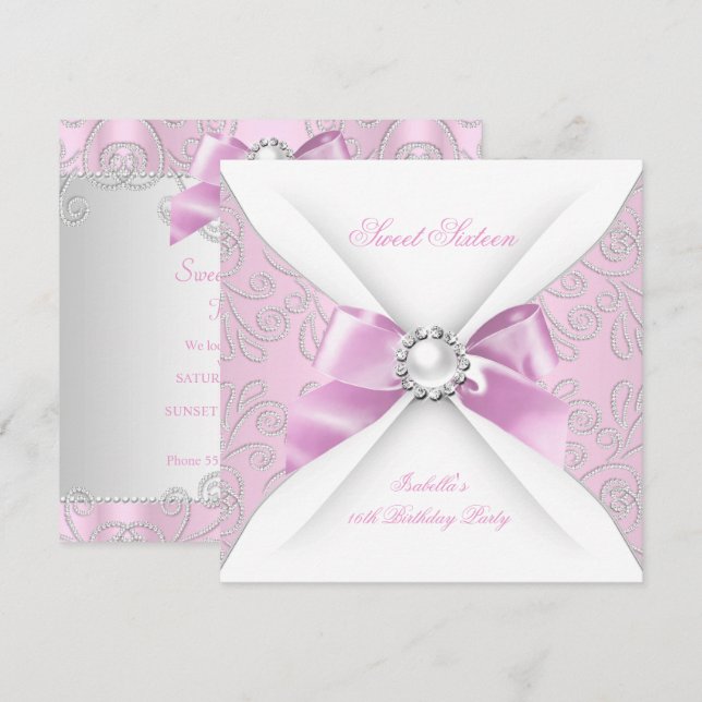 Sweet 16 Sixteen Pink Faux Diamond Party Invitation (Front/Back)