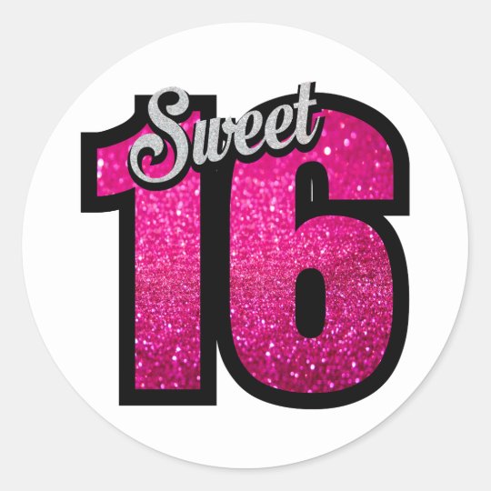 Sweet 16 sixteen pink glitter birthday party girl classic round sticker ...