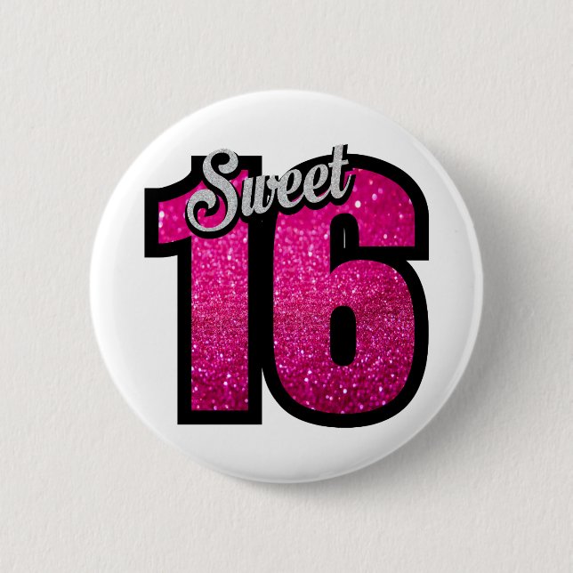 Sweet 16 sixteen pink glitter birthday party girl pinback button (Front)