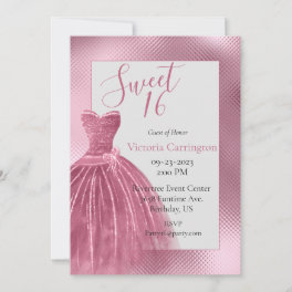 Sweet 16 Sixteen Pink Glitter Dress Elegant Party Invitation