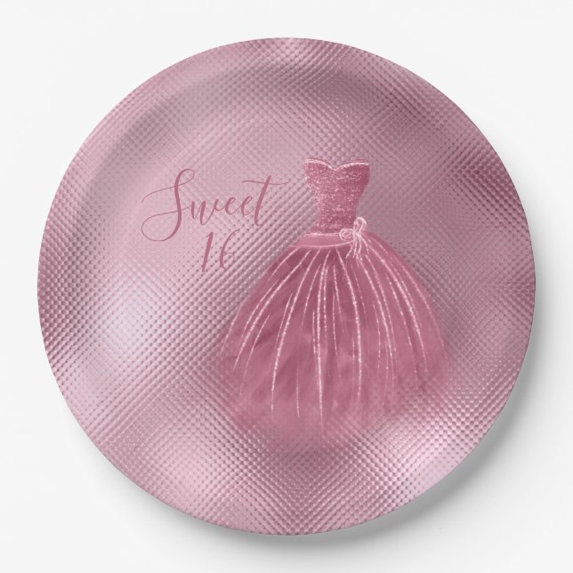 Sweet 16 Sixteen Pink Glitter Dress Elegant Party  Paper Plates (Front)