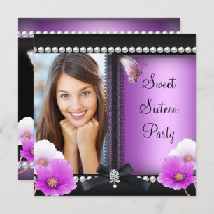 Sweet 16 Sixteen Pink Purple Black Butterfly Invitation