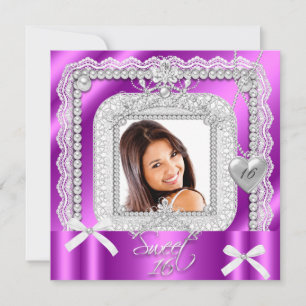 Sweet 16 Sixteen Pink Purple Lace Pearl Photo Invitation