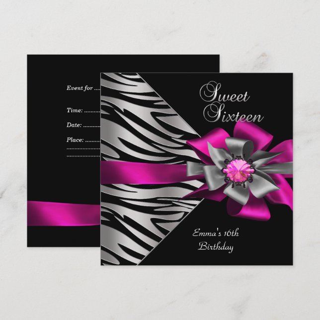 Sweet 16 Sixteen Pink Silver Zebra Black Grey Bow Invitation (Front/Back)