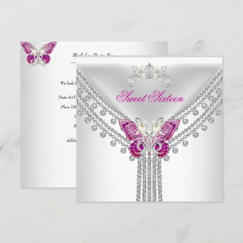 Sweet 16 Sixteen Pink  White Butterfly Personalized Invite
