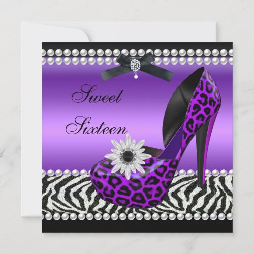 Sweet 16 Sixteen Purple Black Zebra Leopard Invitation