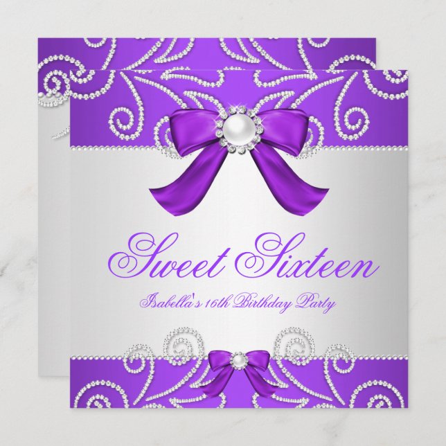 Sweet 16 Sixteen Purple Faux Pearl Diamond Party Invitation (Front/Back)