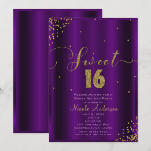 SWEET 16 Sixteen Purple & Gold Confetti Corners Invitation