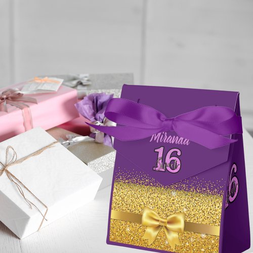 Sweet 16 sixteen purple gold name Thank You Favor Boxes