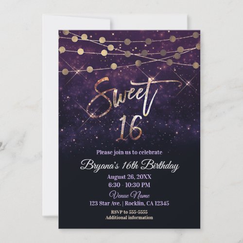 Sweet 16 Sixteen Purple  Gold Sparkle Lights Invitation