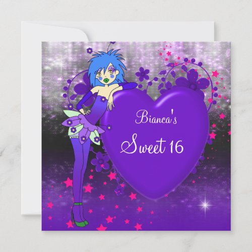 Sweet 16 Sixteen Purple Heart Fairy Pink Stars Custom Invitation