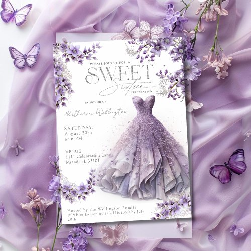 Sweet 16 Sixteen Purple Lilac Dress Floral Invitation
