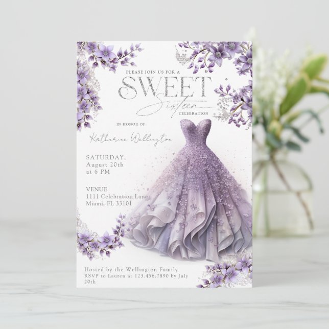 Sweet 16 Sixteen Purple Lilac Dress Floral Invitation | Zazzle