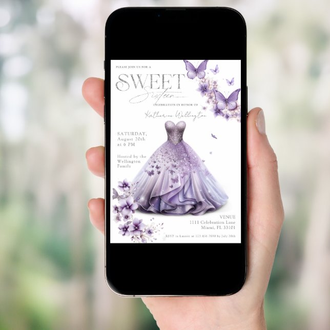 Sweet 16 Sixteen Purple Lilac Floral Butterflies Invitation (Front Digital)