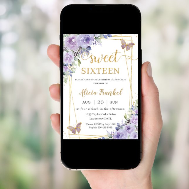 Sweet 16 Sixteen Purple Lilac Floral Butterflies Invitation (Front Digital)