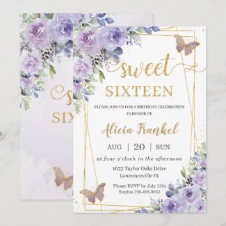 Sweet 16 Sixteen Purple Lilac Floral Butterflies Invitation